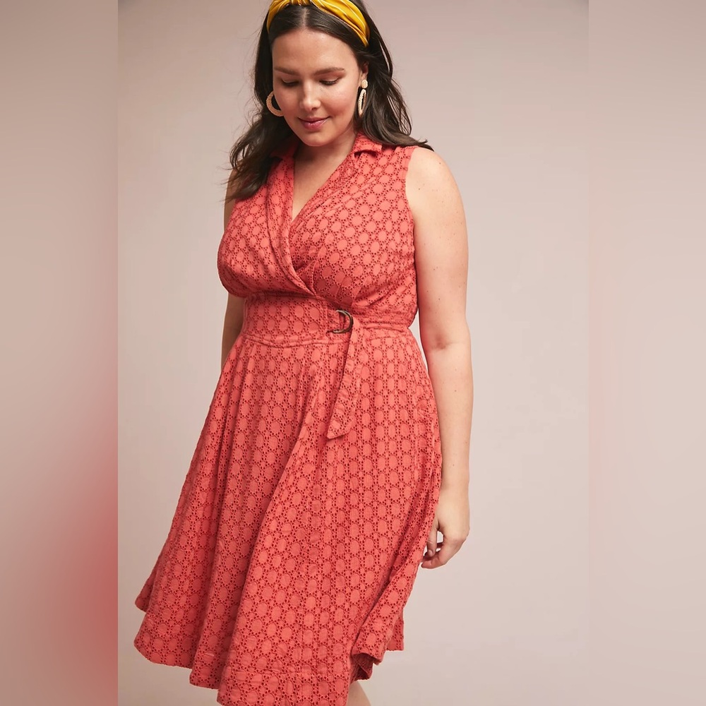 Anthropologie Elm Collared Dress Midi Eyelet Burnt Orange Belted Sleeveless